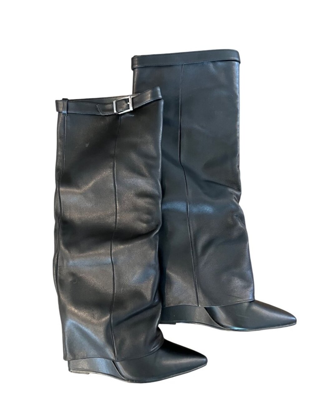 Black Leather & Synthetic Womens Knee-High Wedge Boots With Buckle Detail Size 9